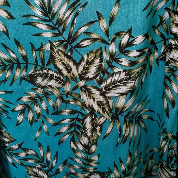 C & C CALIFORNIA Womens M 100% Linen Turquoise Button Up Shirt Tropical Leaves - Picture 3 of 8